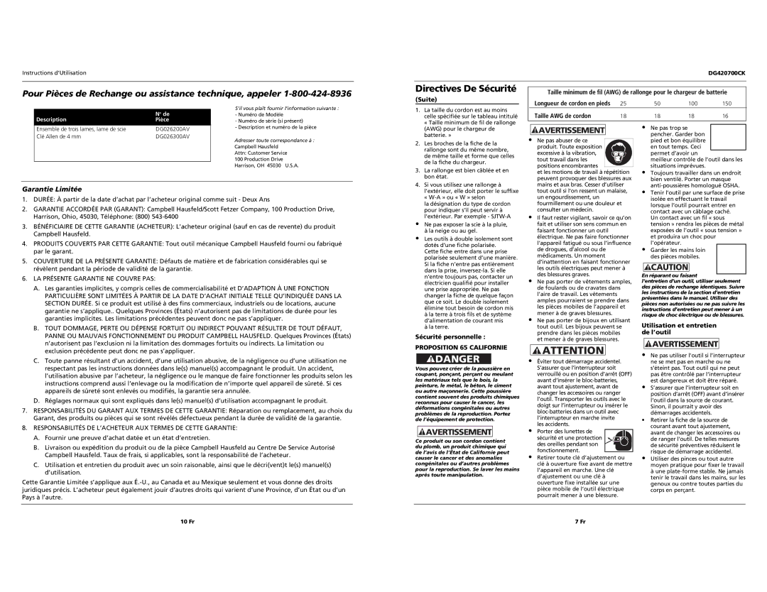 Campbell Hausfeld DG420700CK Garantie Limitée, Taille AWG de cordon, Sécurité personnelle, Proposition 65 Californie 