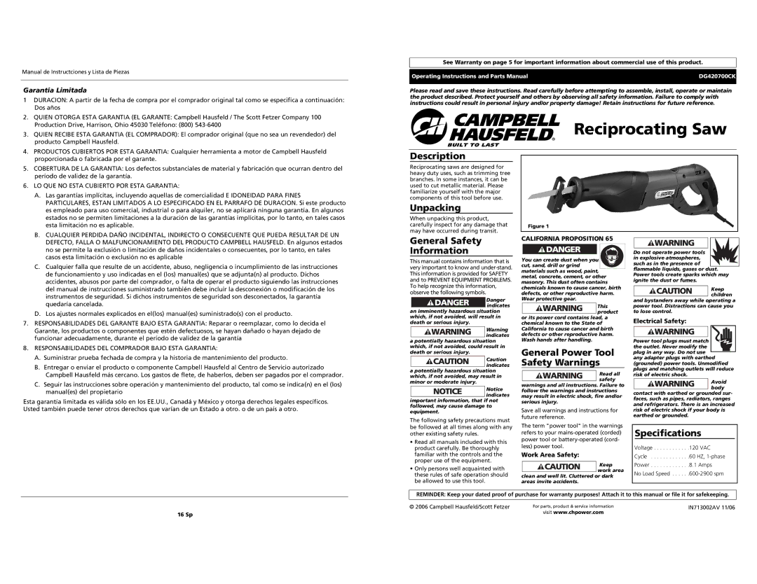 Campbell Hausfeld DG420700CK specifications Reciprocating Saw 