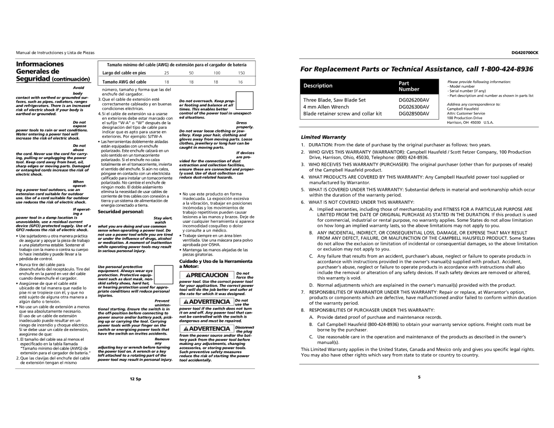 Campbell Hausfeld DG420700CK specifications Limited Warranty, Securidad personal, Cuidado y Uso de la Herramienta a Motor 
