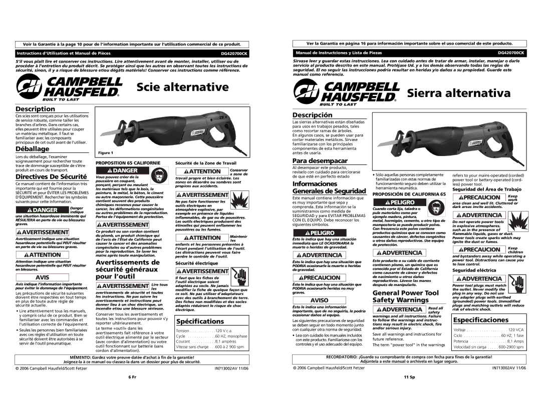 Campbell Hausfeld DG420700CK specifications Scie alternative, Sierra alternativa 