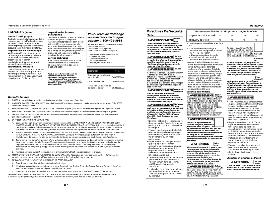 Campbell Hausfeld DG420700CK specifications Entretien Suite, Garantie Limitée 