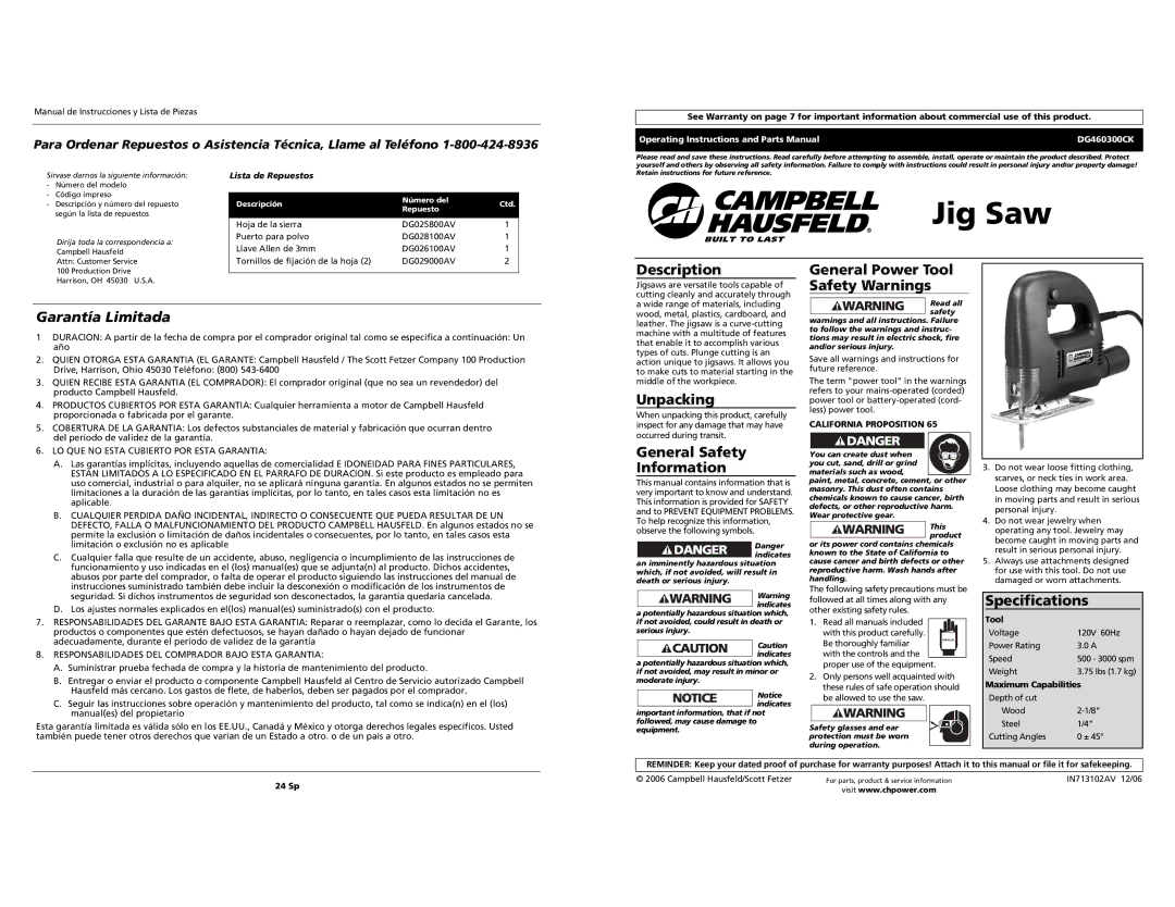 Campbell Hausfeld DG460300CK S specifications Garantía Limitada 