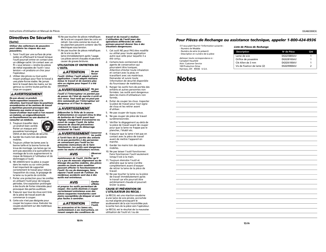 Campbell Hausfeld DG460300CK S Suite, Utilisation ET Entretien DE L’OUTIL, Cause ET Prévention DE L’UTILISATEUR DU Recul 