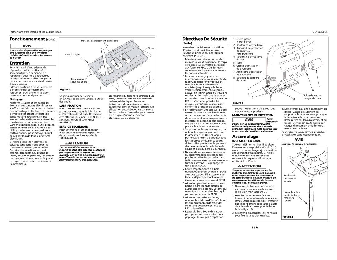 Campbell Hausfeld DG460300CK S specifications Fonctionnement suite, Entretien, Assemblage 