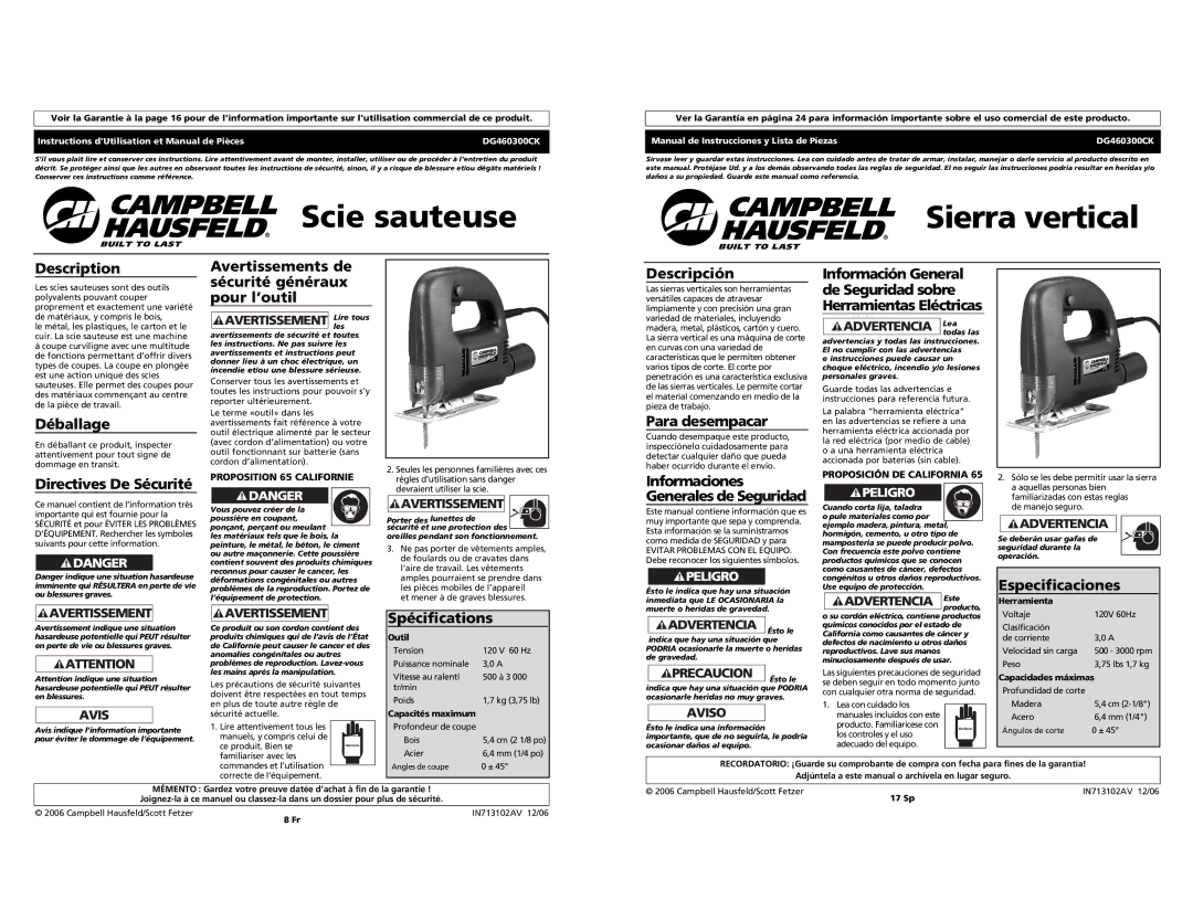 Campbell Hausfeld DG460300CK S Déballage, Directives De Sécurité, Avertissements de sécurité généraux pour l’outil 