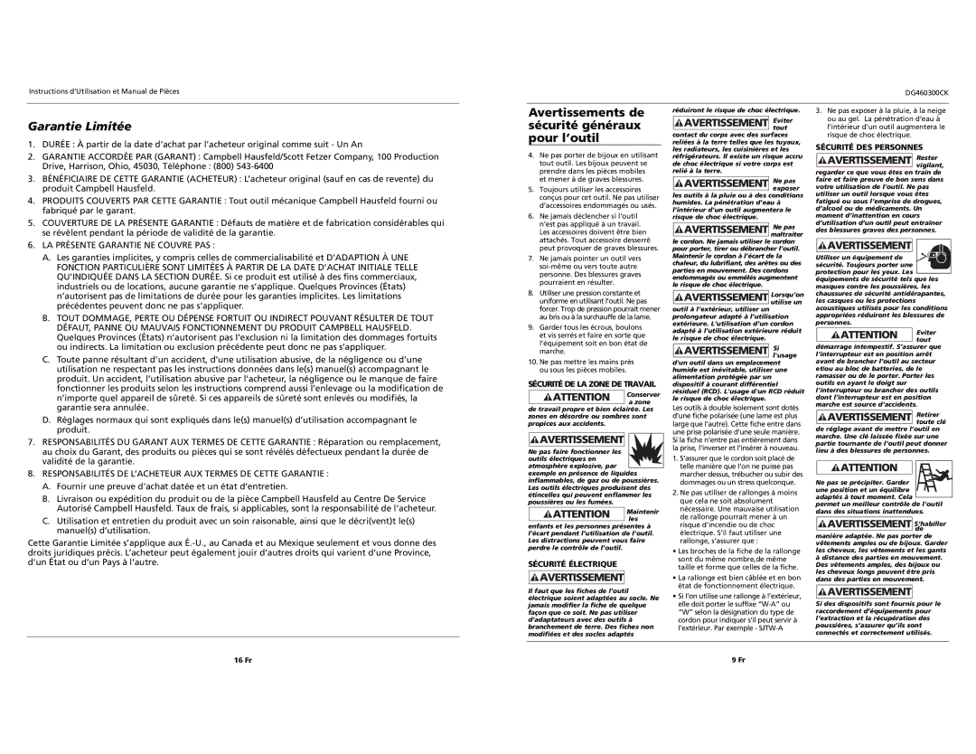 Campbell Hausfeld DG460300CK S specifications Garantie Limitée, Sécurité DE LA Zone DE Travail, Sécurité Électrique, 16 Fr 