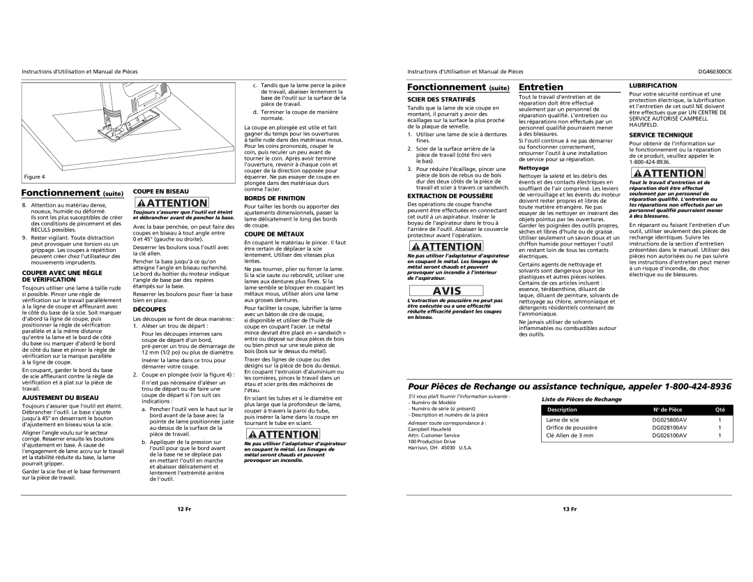 Campbell Hausfeld DG460300CK specifications Fonctionnement suite, Entretien 