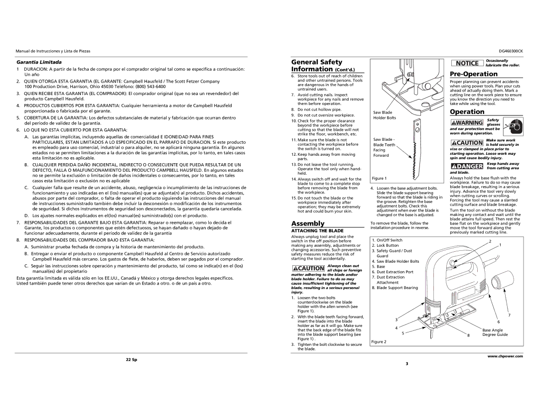 Campbell Hausfeld DG460300CK specifications Assembly, Pre-Operation, Garantía Limitada, Attaching the Blade 