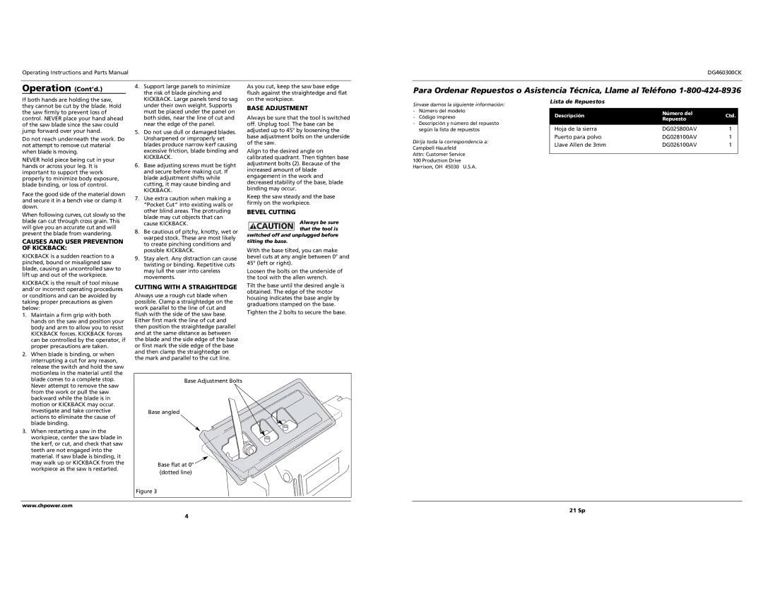 Campbell Hausfeld DG460300CK specifications Base Adjustment, Bevel Cutting, Causes and User Prevention, Kickback 