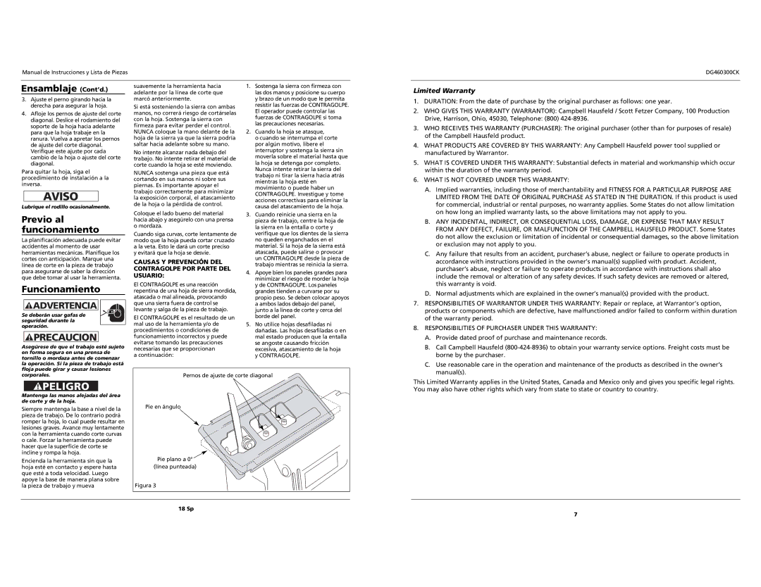 Campbell Hausfeld DG460300CK specifications Ensamblaje Cont’d, Previo al funcionamiento, Limited Warranty 