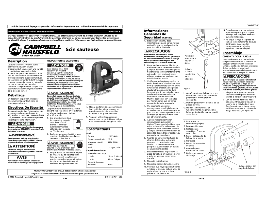 Campbell Hausfeld DG460300CK Informaciones Generales de Seguridad Cont’d, Ensamblaje, Déballage, Directives De Sécurité 