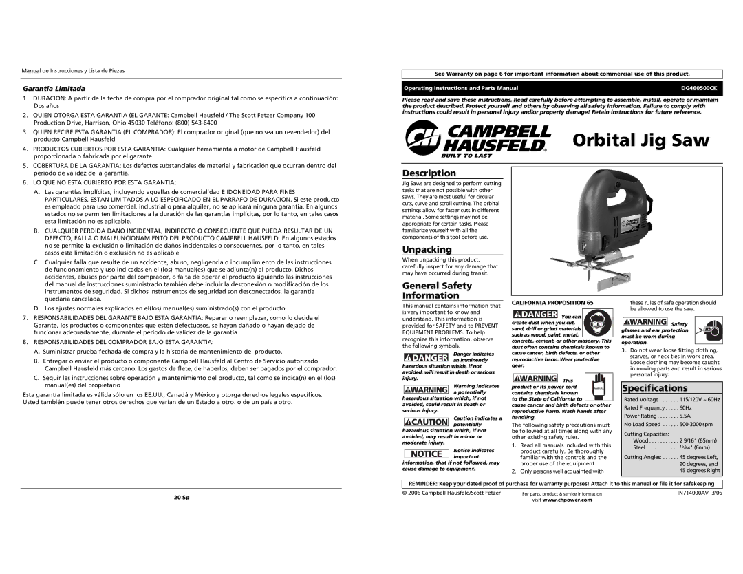 Campbell Hausfeld DG460500CK S specifications Description, Unpacking, General Safety Information, Specifications 