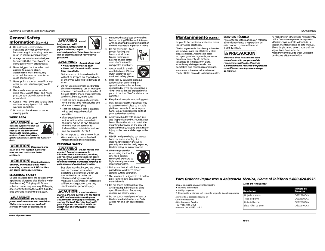 Campbell Hausfeld DG460500CK S specifications General Safety Information Cont’d, Mantenimiento 