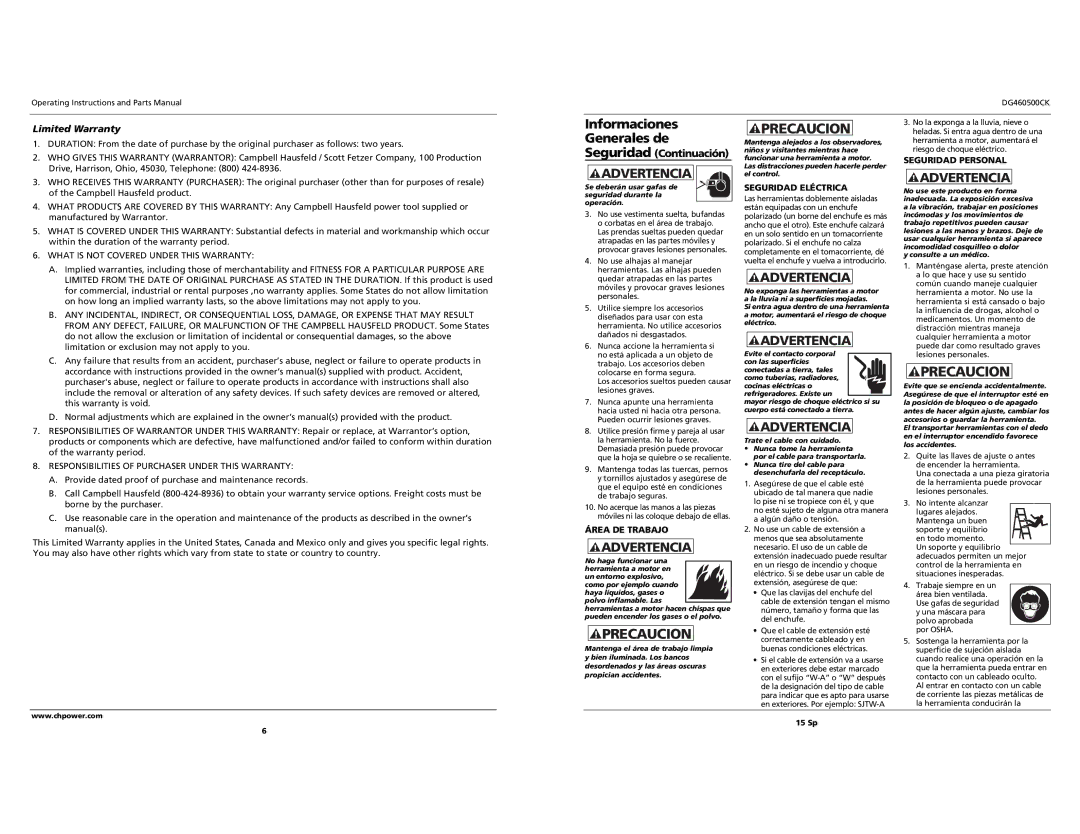 Campbell Hausfeld DG460500CK S specifications Limited Warranty, Área DE Trabajo, Seguridad Eléctrica, Seguridad Personal 