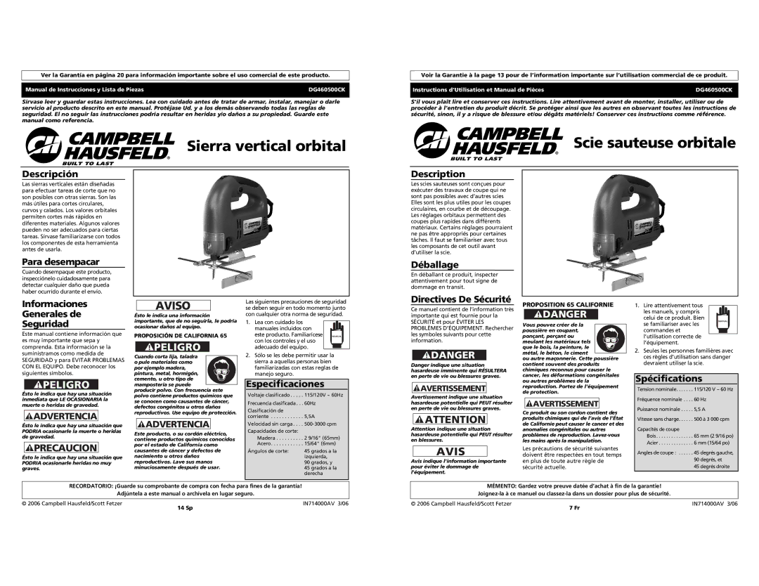 Campbell Hausfeld DG460500CK S Descripción, Para desempacar, Déballage, Informaciones Generales de, Directives De Sécurité 