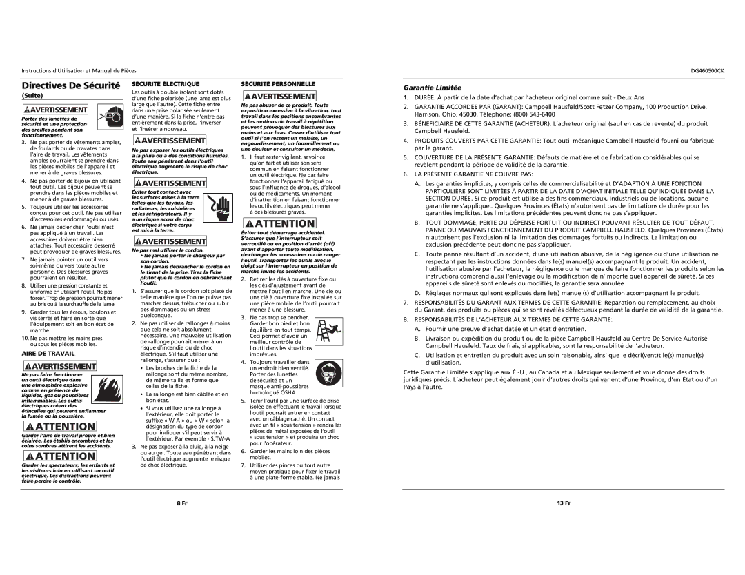 Campbell Hausfeld DG460500CK S specifications Garantie Limitée, Aire DE Travail, Sécurité Électrique, Sécurité Personnelle 