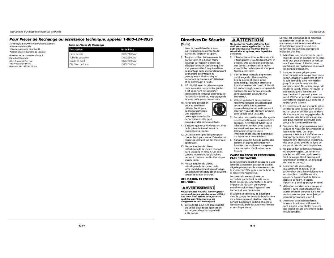 Campbell Hausfeld DG460500CK S specifications Utilisation ET Entretien DE L’OUTIL, Liste de Pièces de Rechange, 12 Fr 