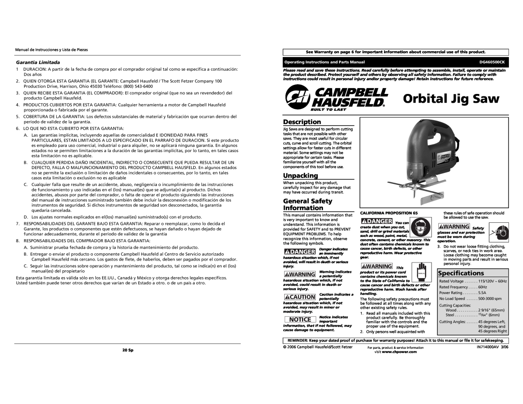 Campbell Hausfeld DG460500CK S specifications Orbital Jig Saw, Description, Unpacking, General Safety Information 