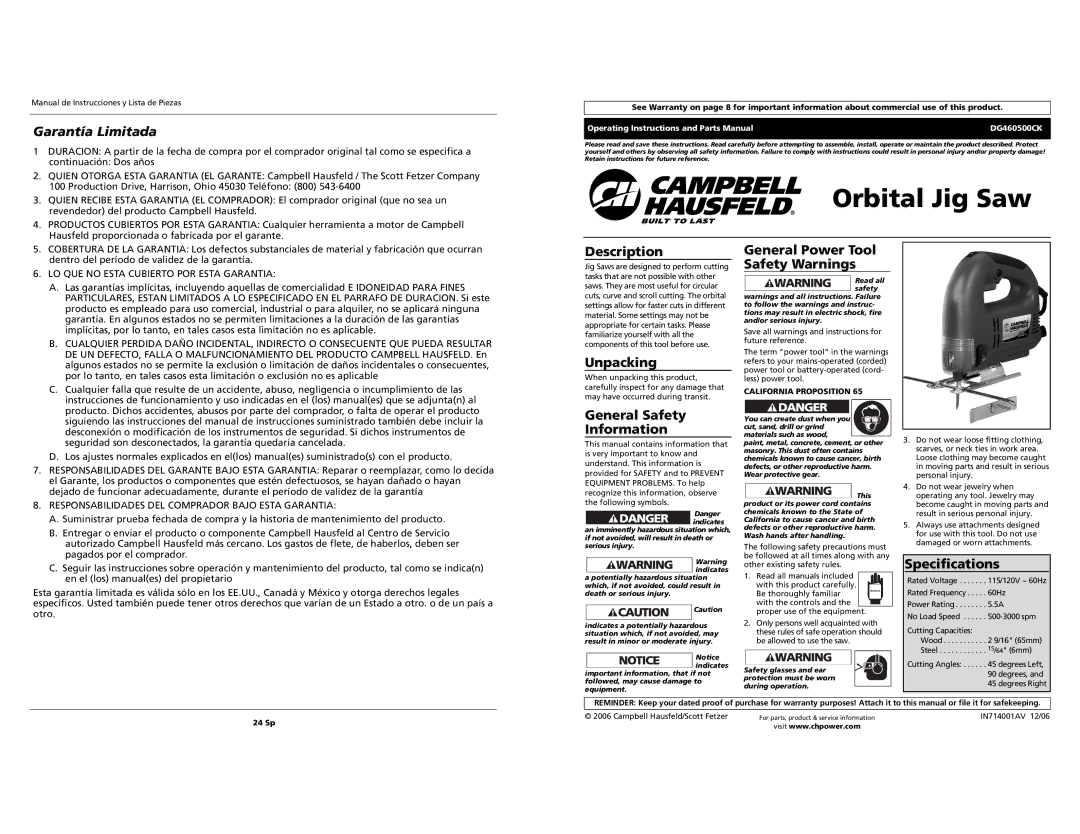 Campbell Hausfeld DG460500CK specifications Description, Unpacking, General Safety Information, Specifications 