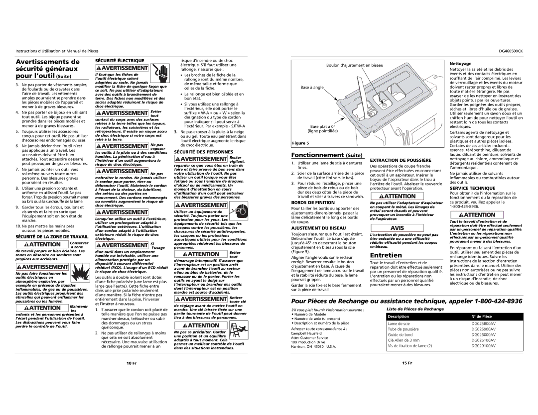 Campbell Hausfeld DG460500CK specifications Avertissements de sécurité généraux pour l’outil Suite, Entretien 