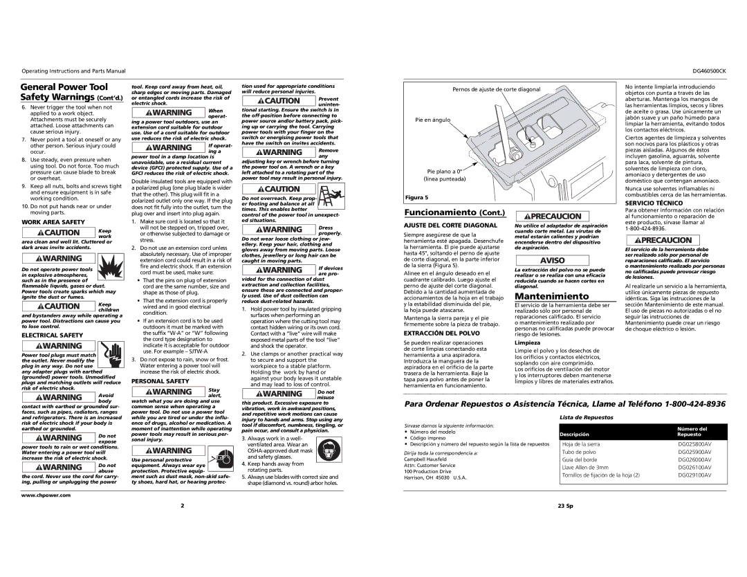 Campbell Hausfeld DG460500CK specifications General Power Tool Safety Warnings Cont’d, Mantenimiento 