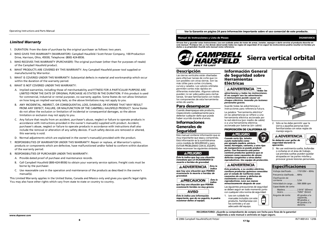 Campbell Hausfeld DG460500CK Descripción, Para desempacar, Informaciones Generales de Seguridad, Especificaciones 