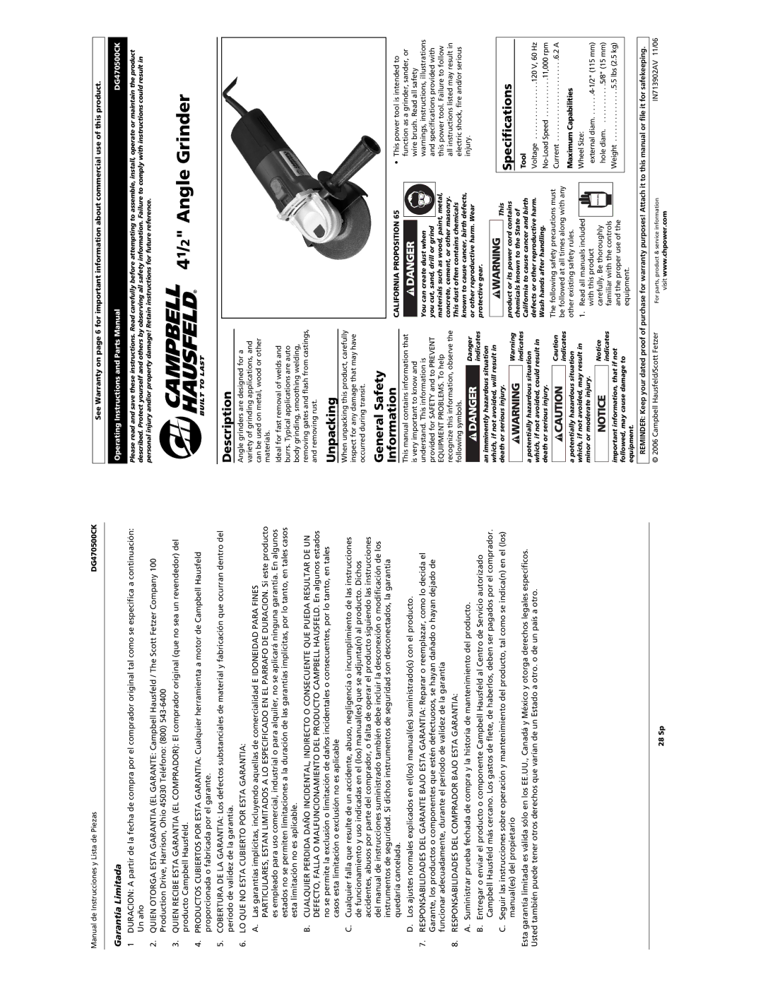 Campbell Hausfeld DG470500CK manual 41/2 Angle Grinder, Description, Unpacking, General Safety Information, Specifications 