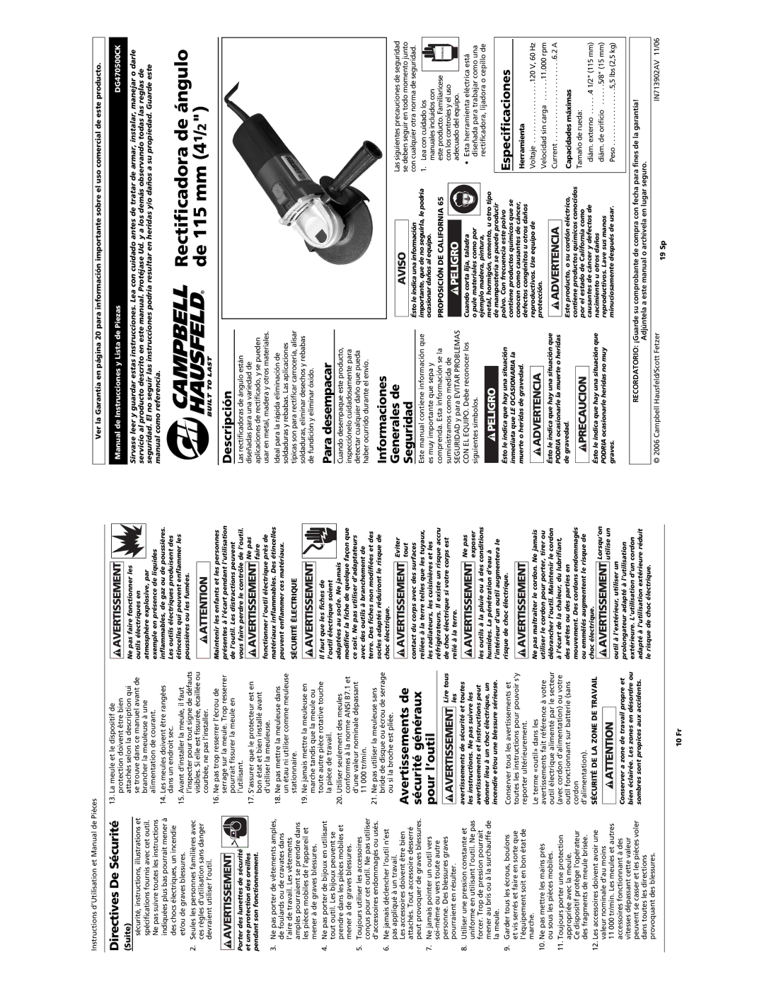 Campbell Hausfeld DG470500CK manual Rectificadora de ángulo de 115 mm 41/2 