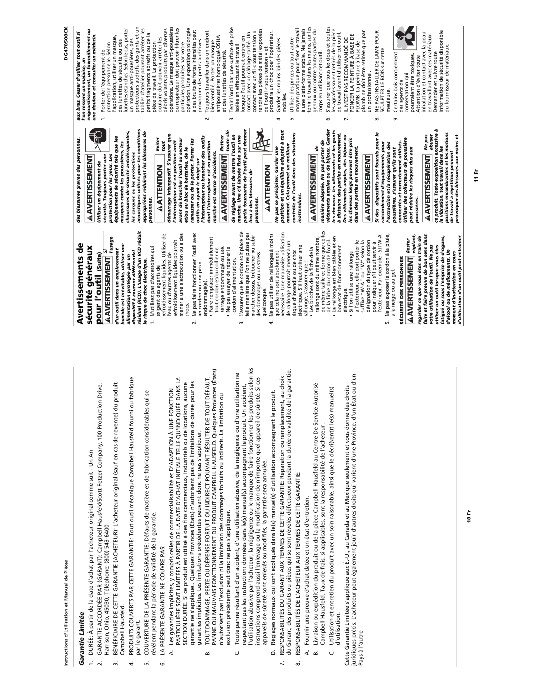 Campbell Hausfeld DG470500CK manual Avertissements de sécurité généraux pour l’outil Suite, Garantie Limitée 