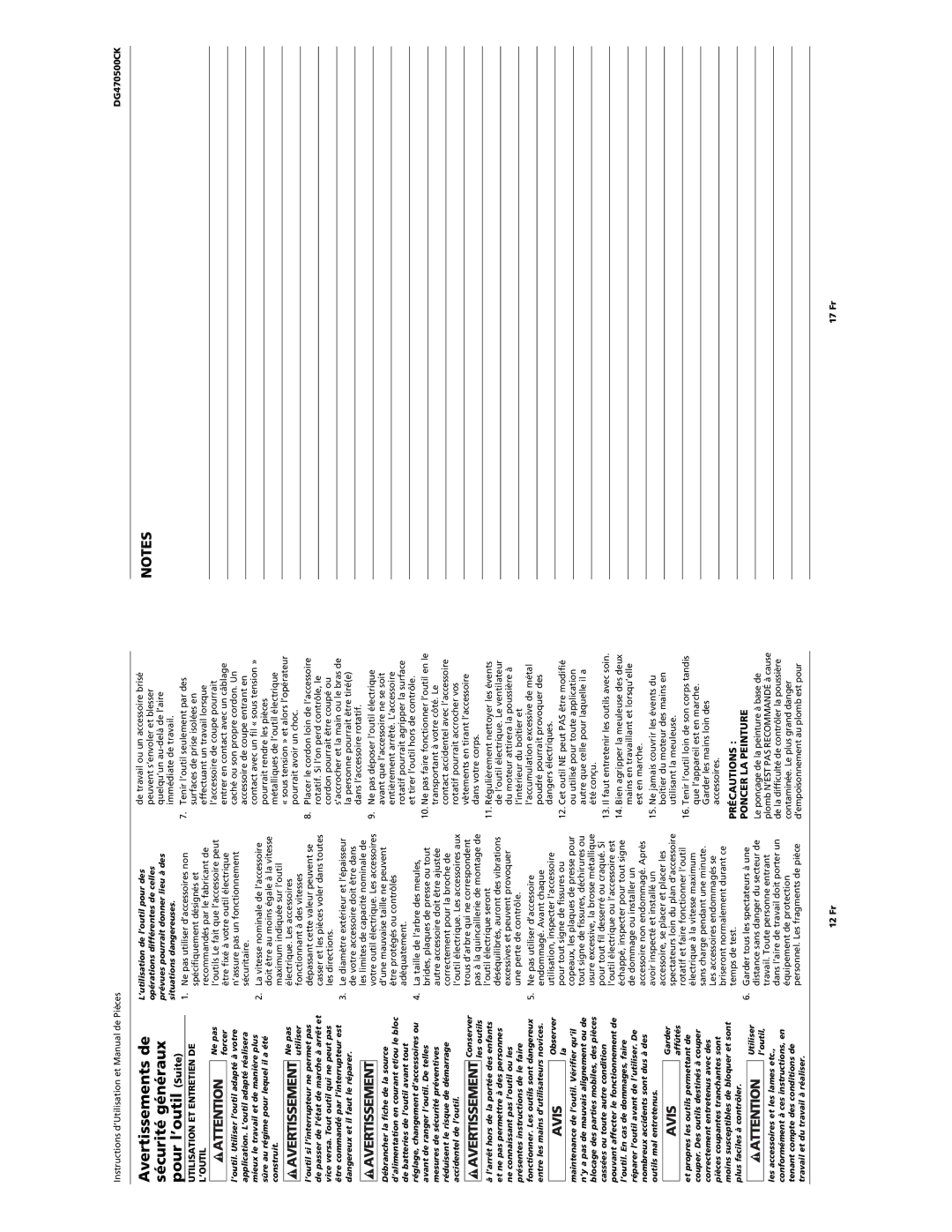 Campbell Hausfeld DG470500CK manual Précautions Poncer LA Peinture, Utilisation ET Entretien DE L’OUTIL, 12 Fr 17 Fr 
