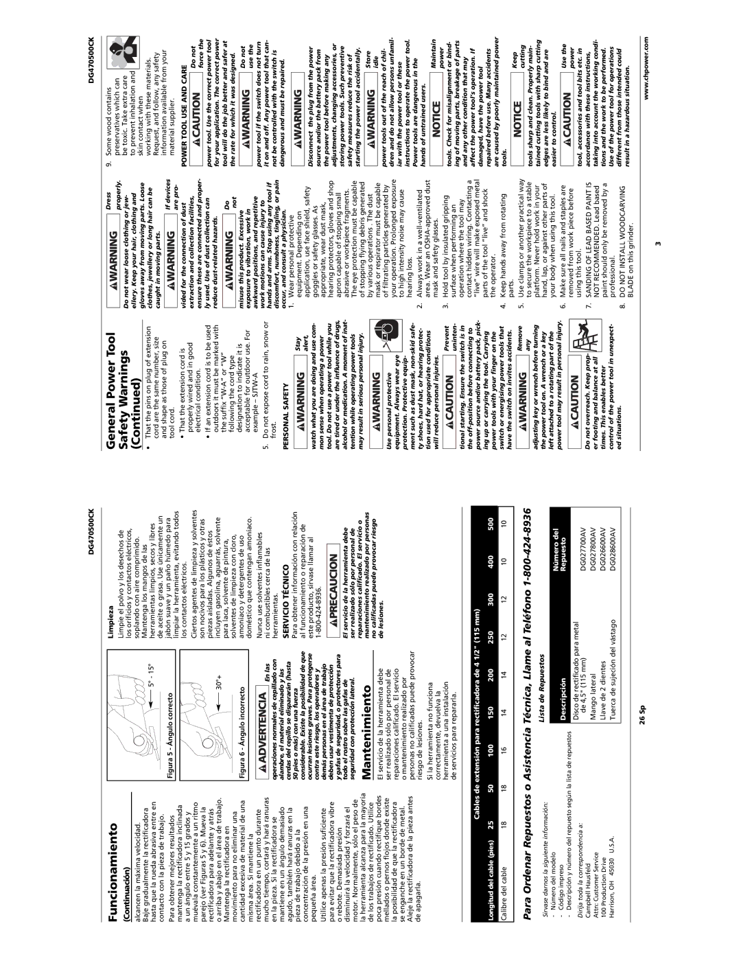 Campbell Hausfeld DG470500CK manual Funcionamiento, Mantenimiento, Continuación, Servicio Técnico, Lista de Repuestos 