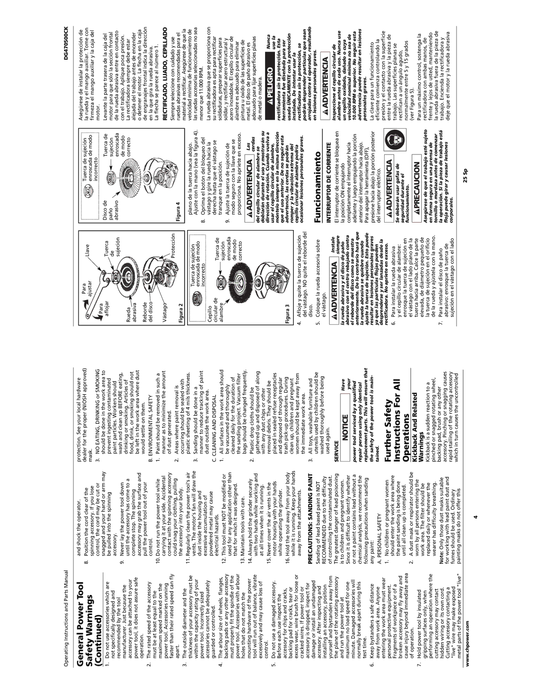 Campbell Hausfeld DG470500CK manual General Power Tool, Safety Warnings, Further Safety, Instructions For All, Operations 