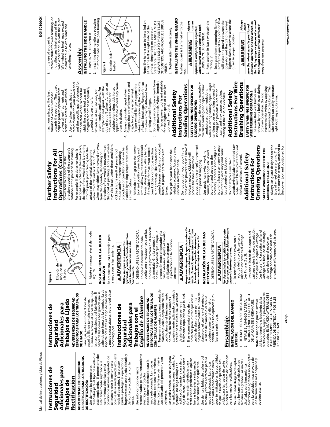 Campbell Hausfeld DG470500CK manual Ensamblaje, Assembly, Additional Safety, Instructions For, Sanding Operations 