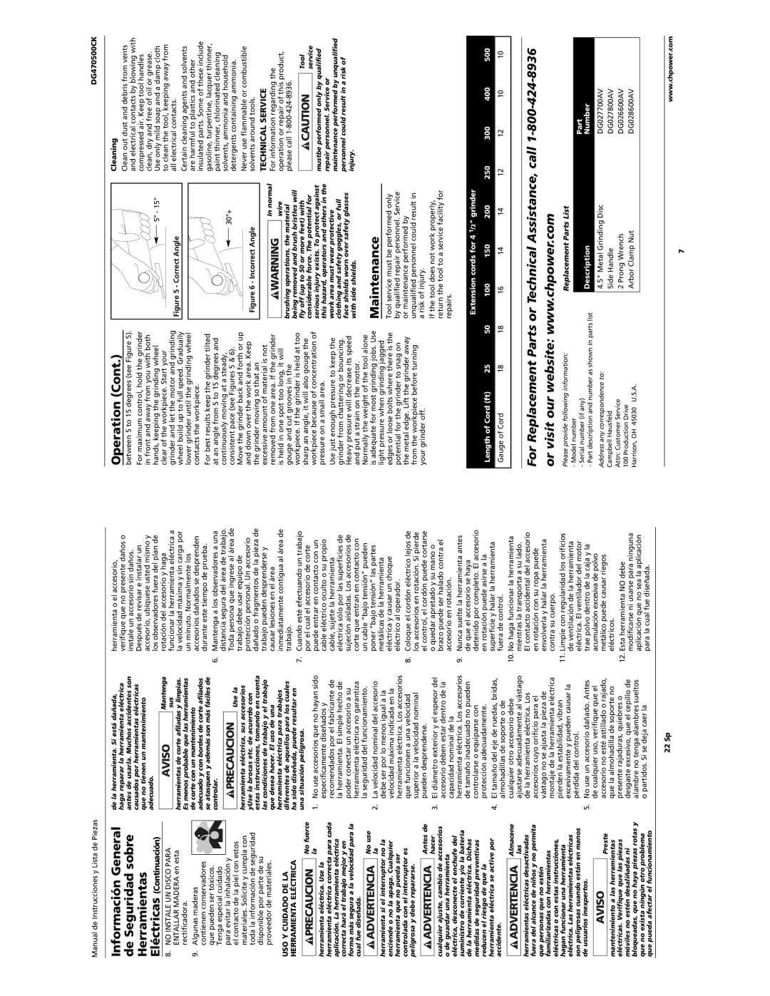 Campbell Hausfeld DG470500CK manual Maintenance, Technical Service, USO Y Cuidado DE LA Herramienta Eléctrica 