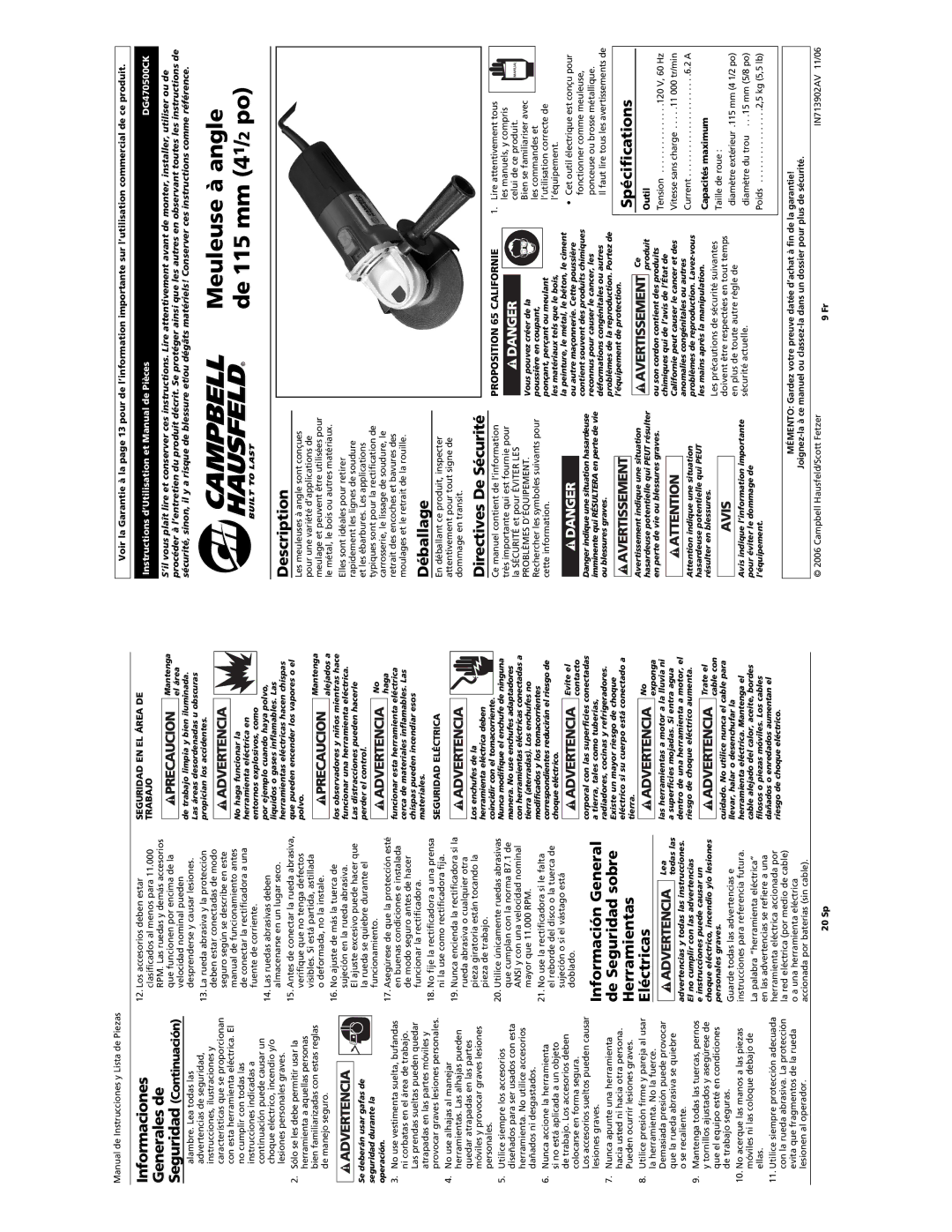 Campbell Hausfeld DG470500CK manual Meuleuse à angle de 115 mm 41/2 po, Déballage, Directives De Sécurité, Spécifications 