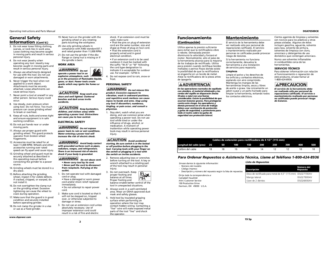 Campbell Hausfeld DG470500CK specifications General Safety, Information Cont’d, Funcionamiento, Mantenimiento 