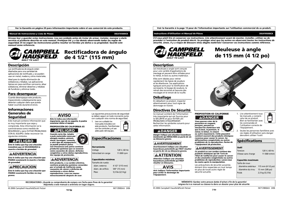 Campbell Hausfeld DG470500CK Descripción, Para desempacar, Informaciones Generales de Seguridad, Especificaciones 