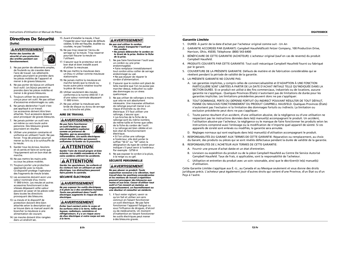 Campbell Hausfeld DG470500CK Garantie Limitée, Aire DE Travail, Sécurité Électrique, LA Présente Garantie NE Couvre PAS 