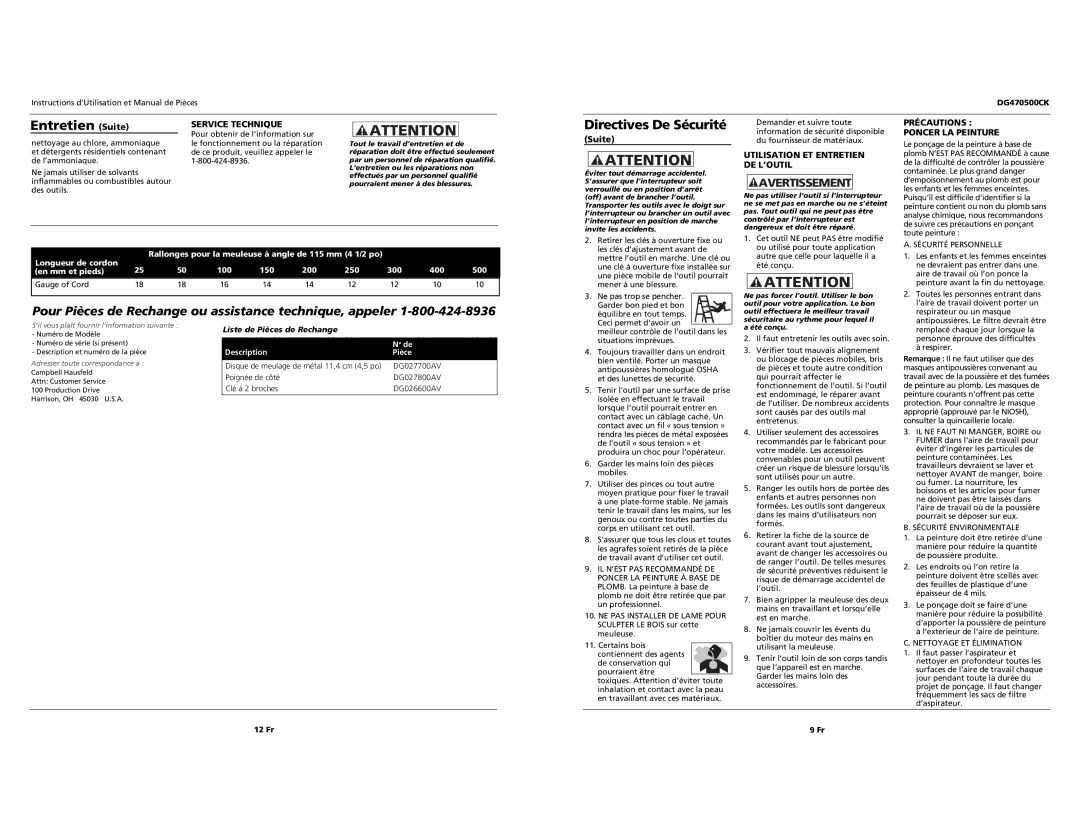 Campbell Hausfeld DG470500CK specifications Entretien Suite, Service Technique, Utilisation ET Entretien DE L’OUTIL 