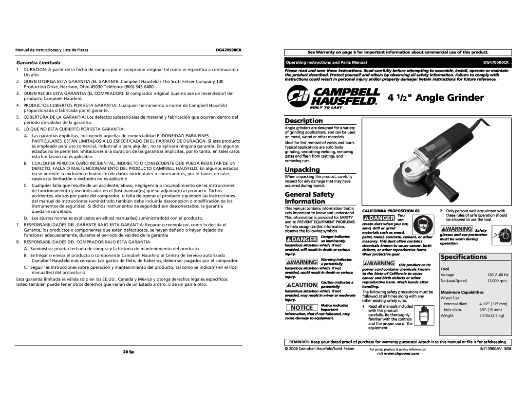 Campbell Hausfeld DG470500CK manual 41/2 Angle Grinder, Description, Unpacking, General Safety Information, Specifications 