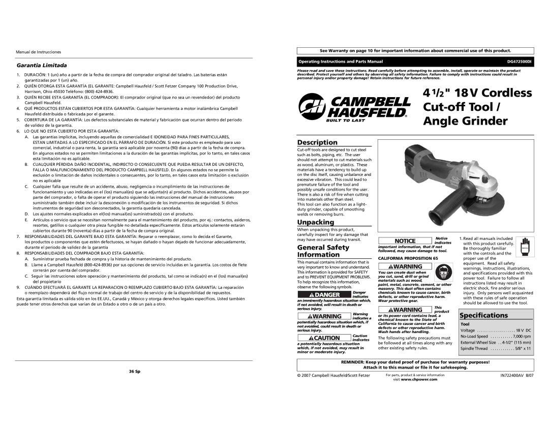 Campbell Hausfeld DG472500DI specifications Description, Unpacking, General Safety Information, Specifications 