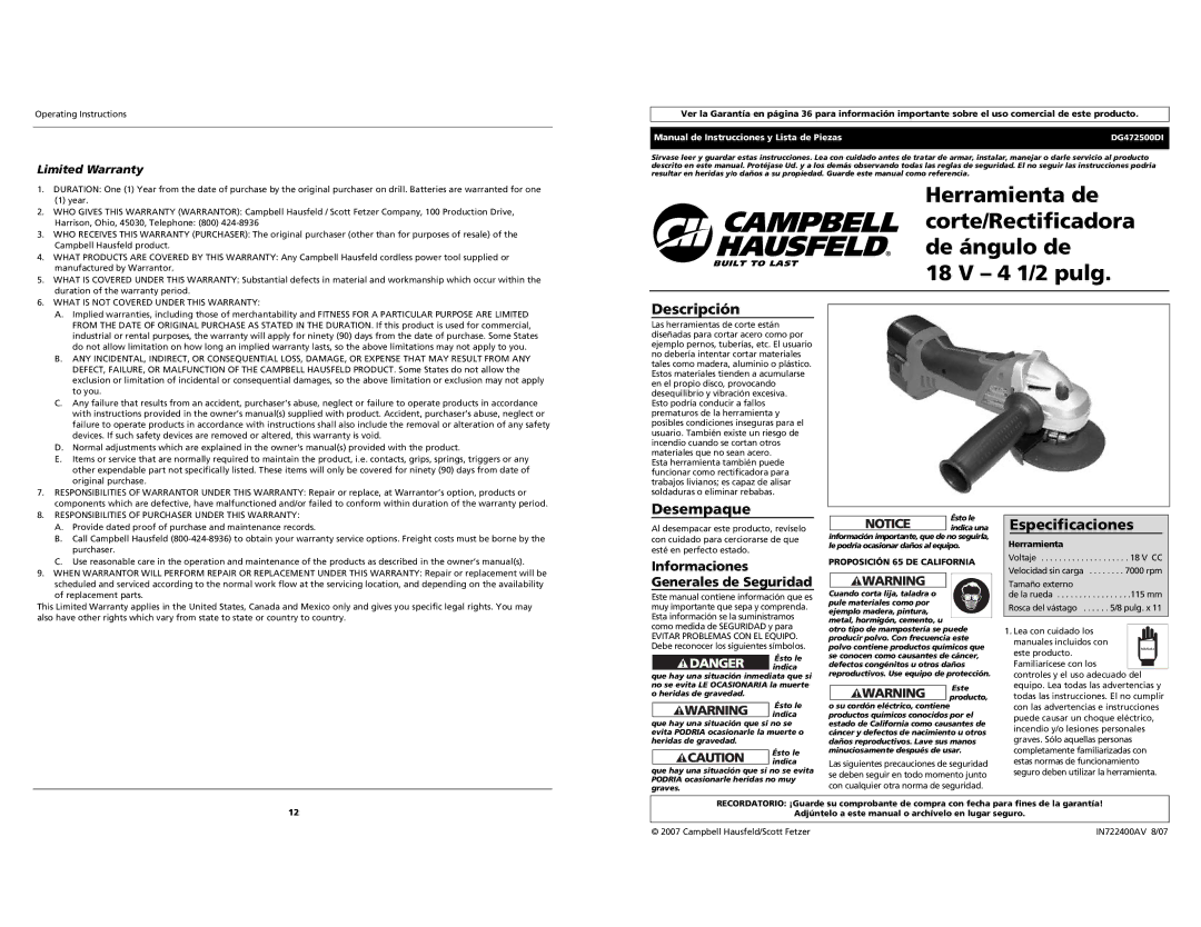 Campbell Hausfeld DG472500DI Descripción, Desempaque, Especificaciones, Manual de Instrucciones y Lista de Piezas 