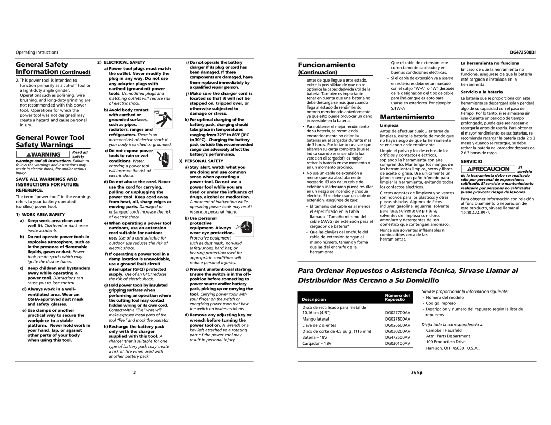 Campbell Hausfeld DG472500DI specifications General Power Tool Safety Warnings, Funcionamiento, Mantenimiento, Continuacion 