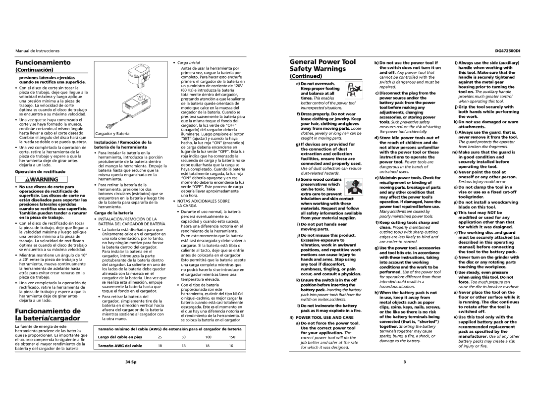 Campbell Hausfeld DG472500DI specifications Funcionamiento de la batería/cargador, Continuación 