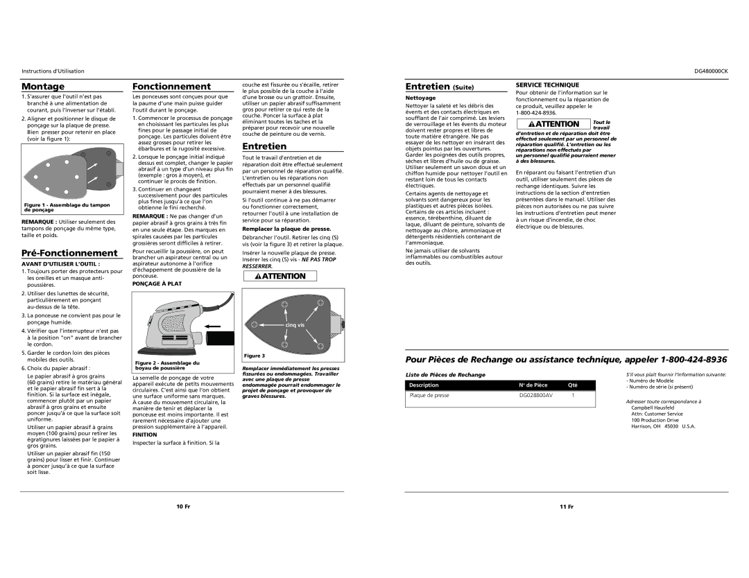 Campbell Hausfeld DG480000CK specifications Montage, Entretien Suite, Pré-Fonctionnement 