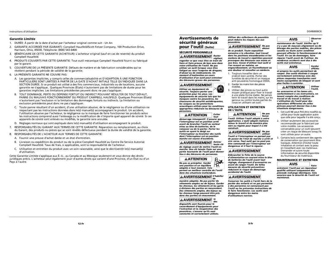 Campbell Hausfeld DG480000CK specifications Avertissements de sécurité généraux pour l’outil Suite, Garantie Limitée 