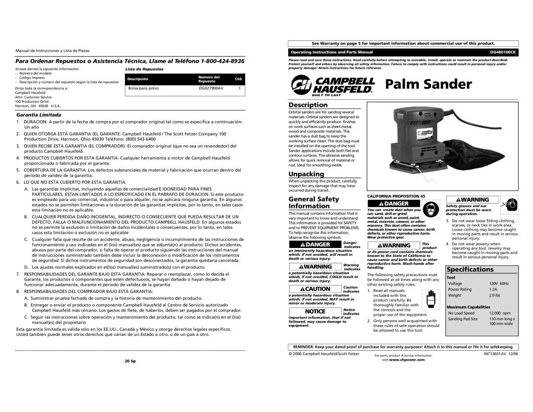 Campbell Hausfeld DG480100CK specifications Description, Unpacking, General Safety Information, Specifications 