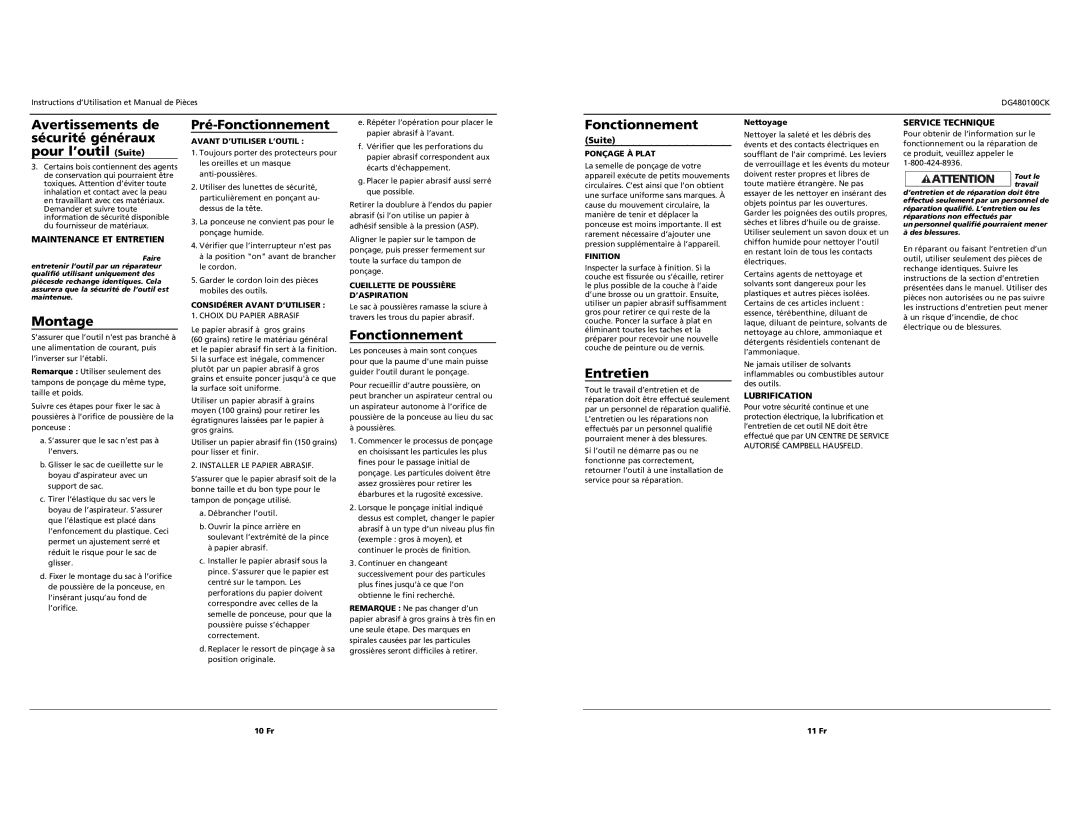 Campbell Hausfeld DG480100CK specifications Montage, Pré-Fonctionnement, Entretien 