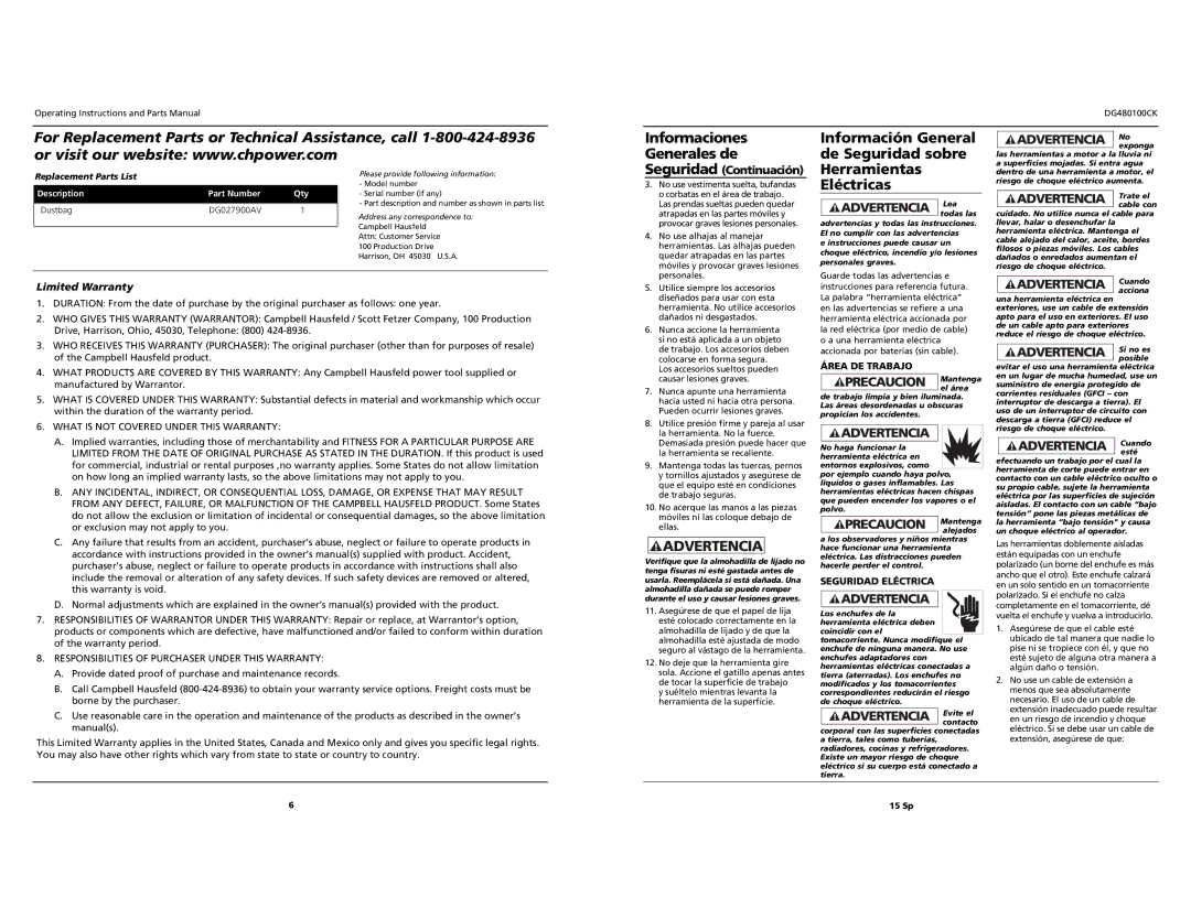 Campbell Hausfeld DG480100CK Información General de Seguridad sobre Herramientas, Eléctricas, Limited Warranty 