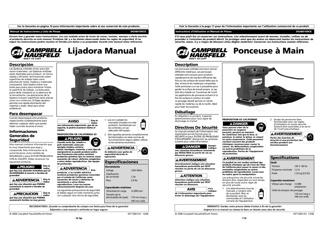 Campbell Hausfeld DG480100CK Descripción, Para desempacar, Informaciones Generales de Seguridad, Especificaciones 